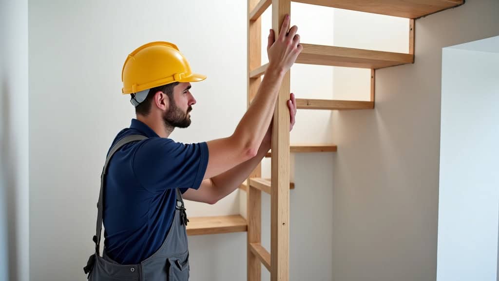 Technicien en train d’installer un monte-escalier dans une maison à Auzebosc