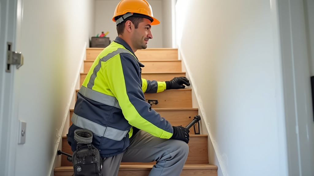 Technicien en train d’installer un monte-escalier dans une maison à Bâgé-Dommartin