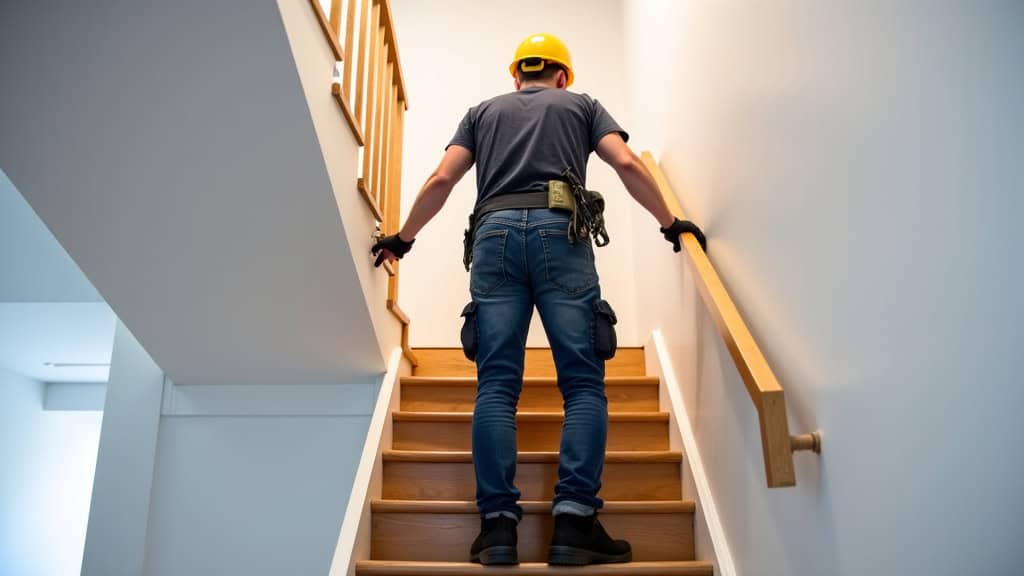 Technicien en train d’installer un monte-escalier dans une maison à Baume-les-Dames