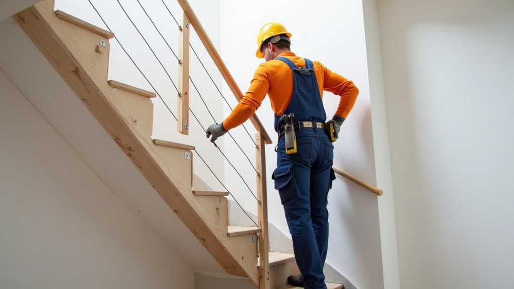 Technicien en train d’installer un monte-escalier dans une maison à Bouéni
