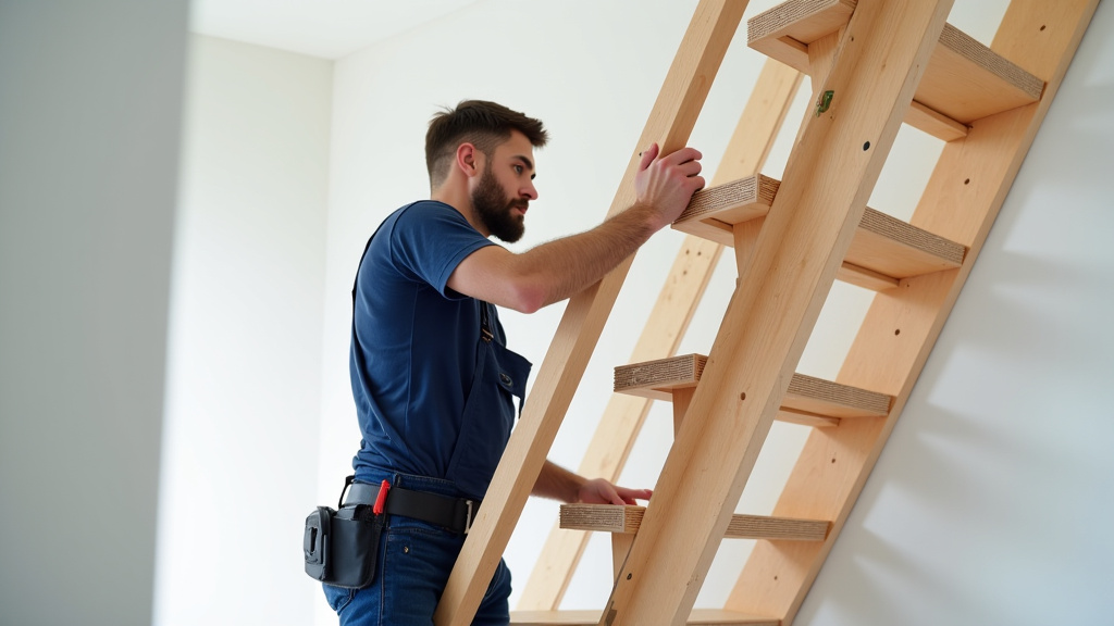Technicien en train d’installer un monte-escalier dans une maison à Briouze, montrant le rail en cours de fixation