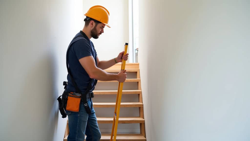 Technicien en train d’installer un monte-escalier dans une maison à Cérences