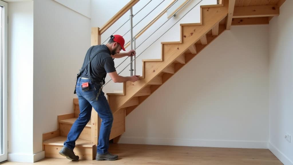 Technicien en train d’installer un monte-escalier dans une maison à Chamboulive