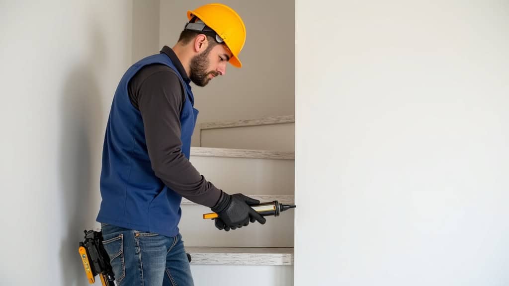 Technicien en train d’installer un monte-escalier dans une maison à Cuisery