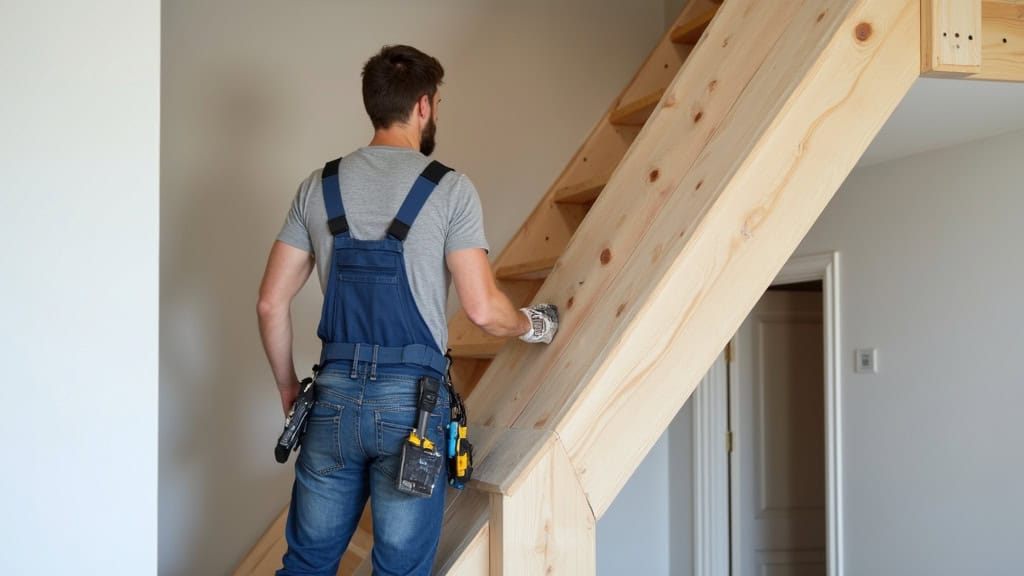 Technicien en train d’installer un monte-escalier dans une maison à Groisy, avec outils et matériel de pose