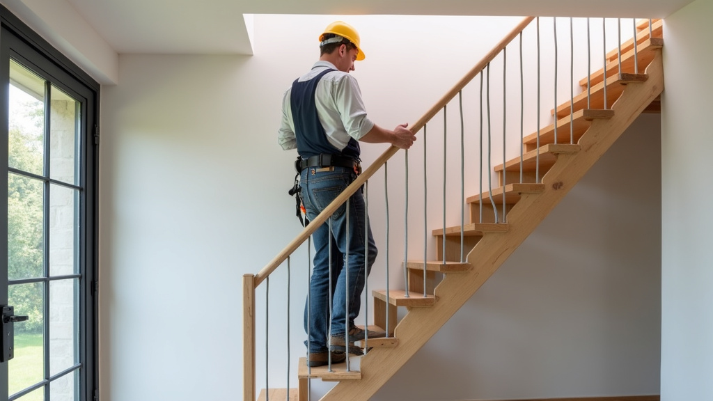 Technicien en train d’installer un monte-escalier dans une maison à Groix