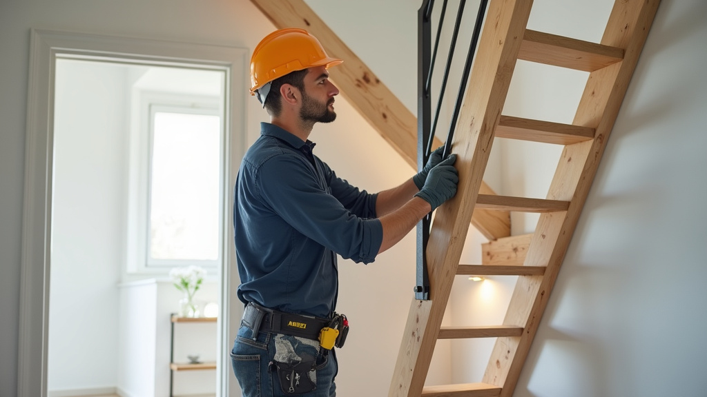Technicien en train d’installer un monte-escalier dans une maison à Hantay