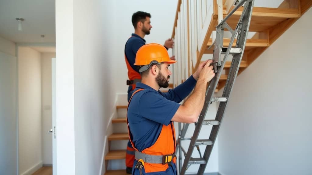 Technicien en train d’installer un monte-escalier dans une maison à Hérouville-Saint-Clair