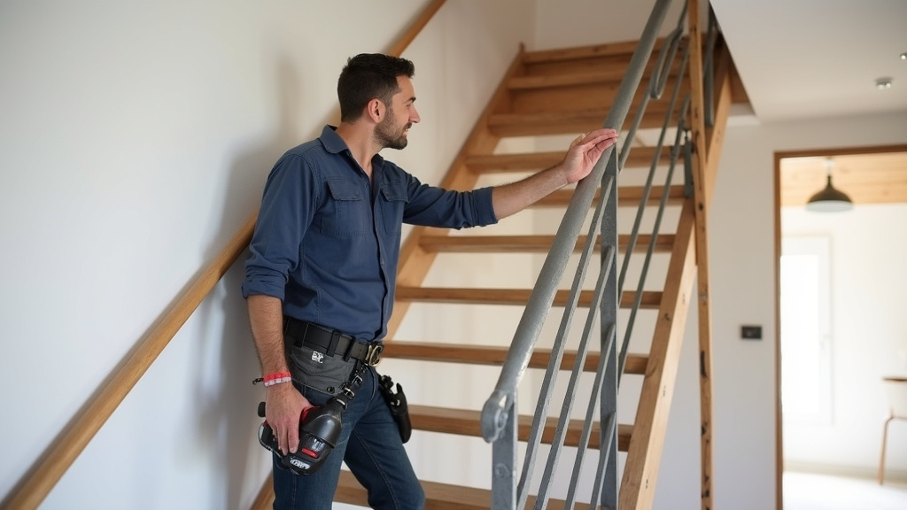 Technicien en train d’installer un monte-escalier dans une maison à Jarnac, vérifiant le rail et les connexions