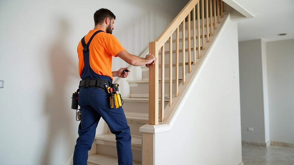 Technicien en train d’installer un monte-escalier dans une maison à Lantic