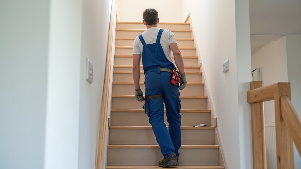 Technicien en train d’installer un monte-escalier dans une maison à Le Bas Ségala