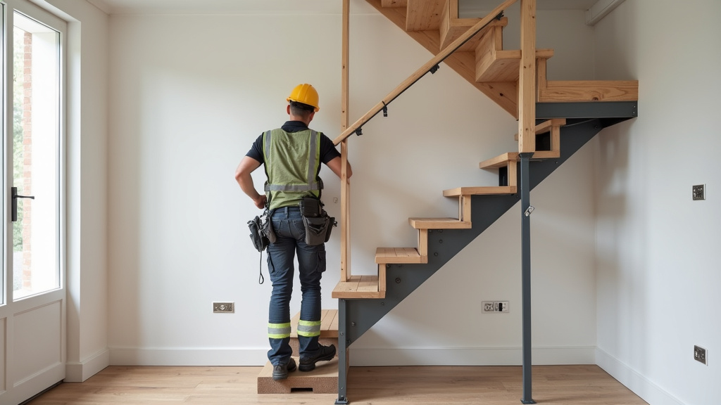 Technicien en train d’installer un monte-escalier dans une maison à Le Crotoy