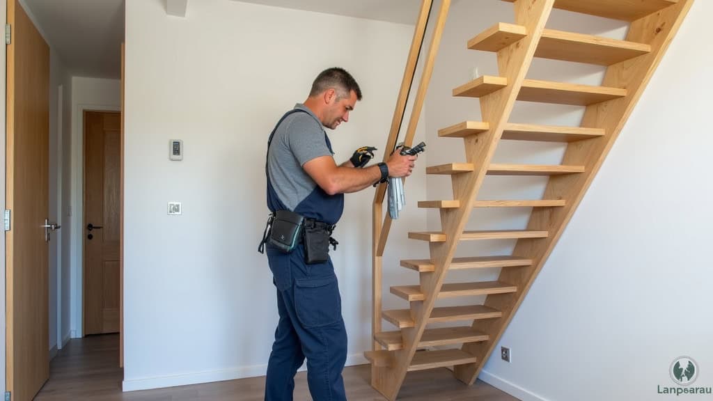 Technicien en train d’installer un monte-escalier dans une maison à Les Champs-Géraux