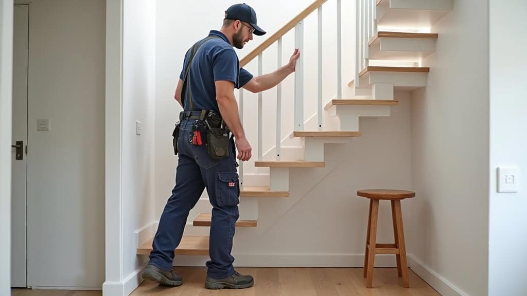 Technicien en train d’installer un monte-escalier dans une maison à Lisses