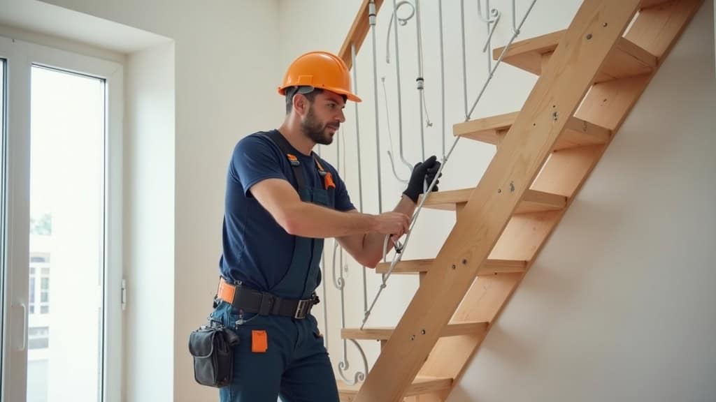 Technicien en train d’installer un monte-escalier dans une maison à Macouria