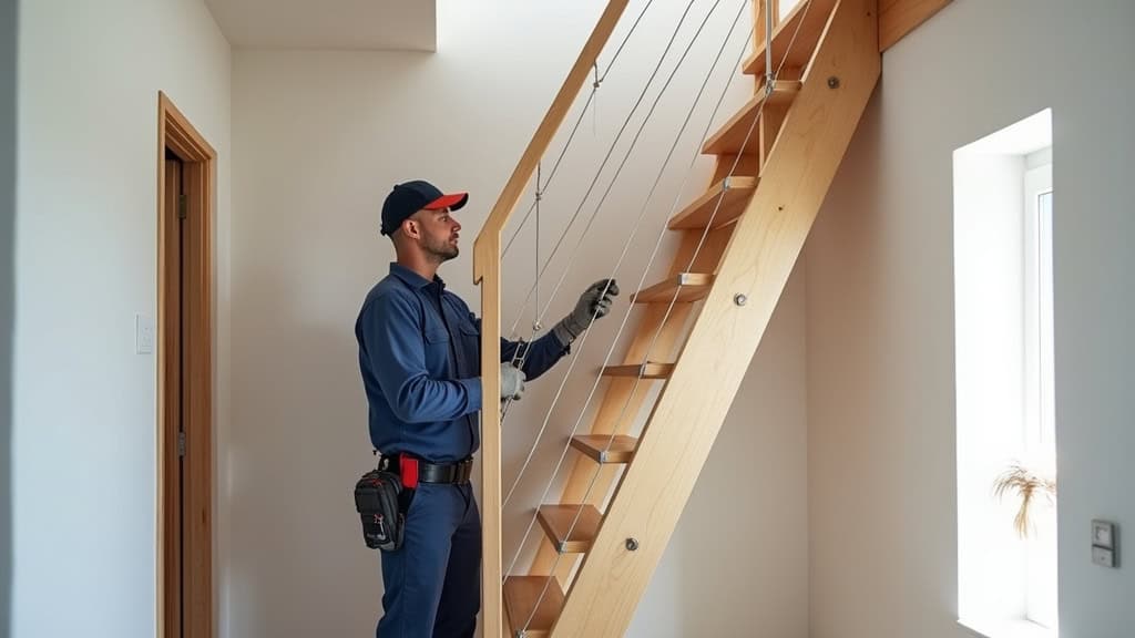 Technicien en train d’installer un monte-escalier dans une maison à Magalas
