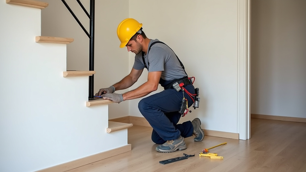 Technicien en train d’installer un monte-escalier dans une maison à Marçay