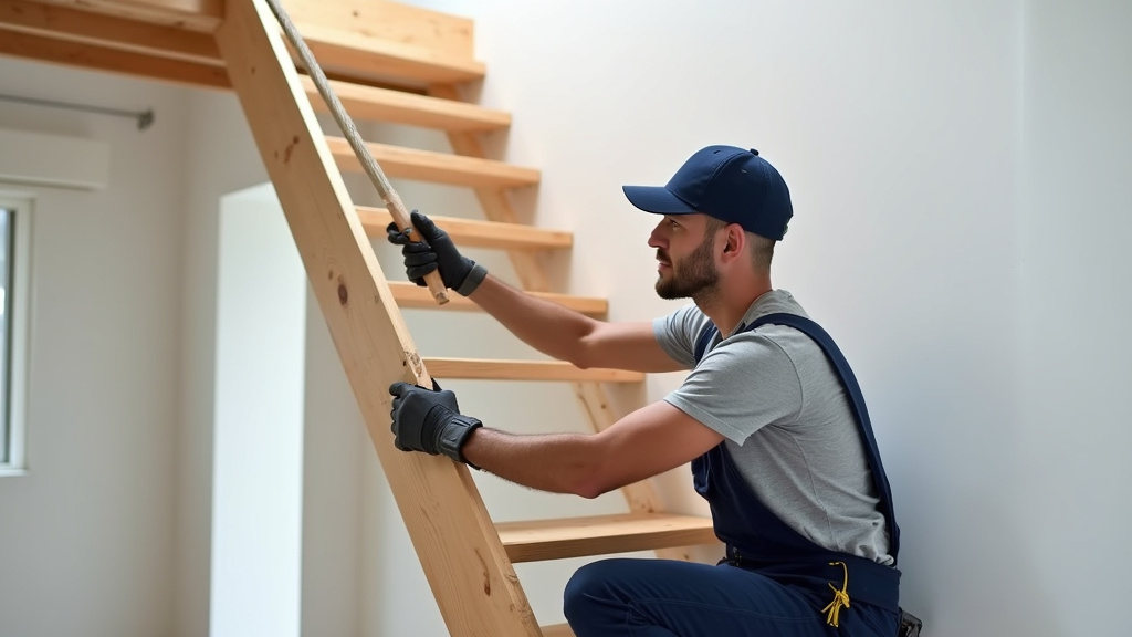 Technicien en train d’installer un monte-escalier dans une maison à Mettray