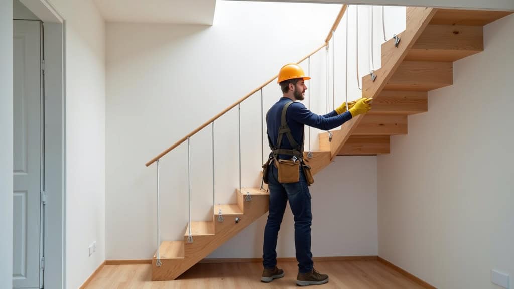 Technicien en train d’installer un monte-escalier dans une maison à Mondoubleau