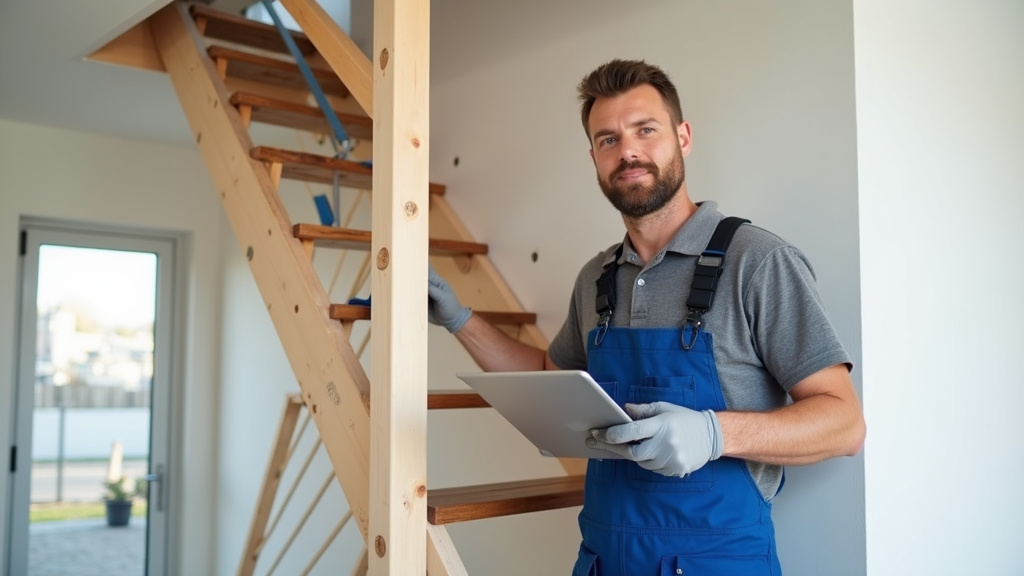 Technicien en train d’installer un monte-escalier dans une maison à Mur-sur-Allier