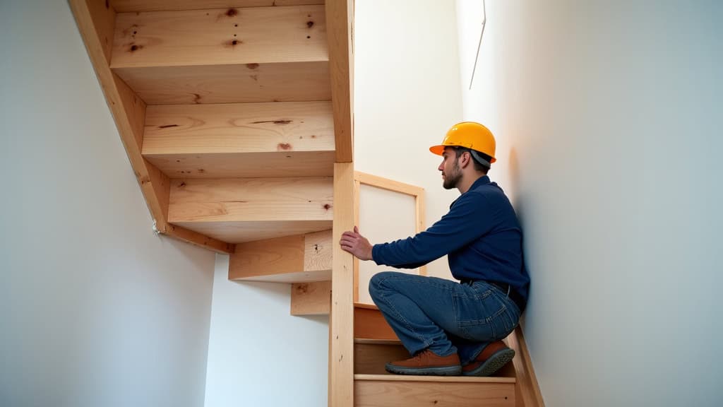 Technicien en train d’installer un monte-escalier dans une maison à Neuvy-Saint-Sépulchre