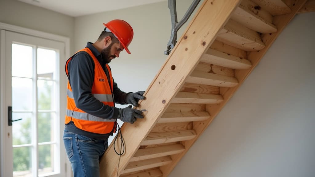 Technicien en train d’installer un monte-escalier dans une maison à Ouangani