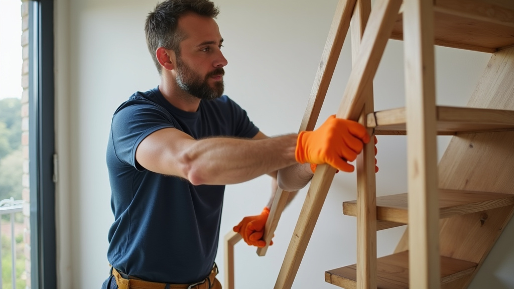 Technicien en train d’installer un monte-escalier dans une maison à Pannecé