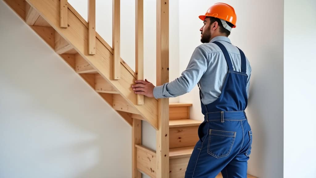 Technicien en train d’installer un monte-escalier dans une maison à Pleslin-Trigavou