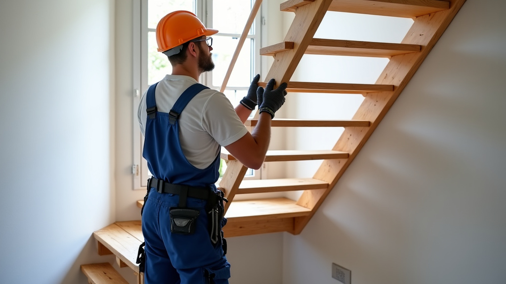 Technicien en train d’installer un monte-escalier dans une maison à Pleudihen-sur-Rance