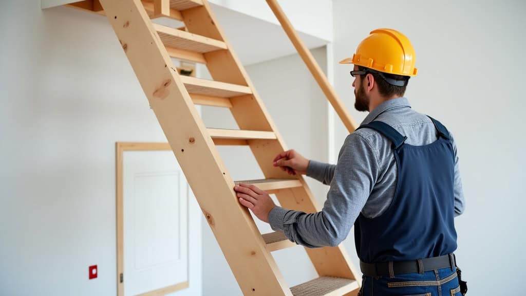 Technicien en train d’installer un monte-escalier dans une maison à Saint-Marc-le-Blanc