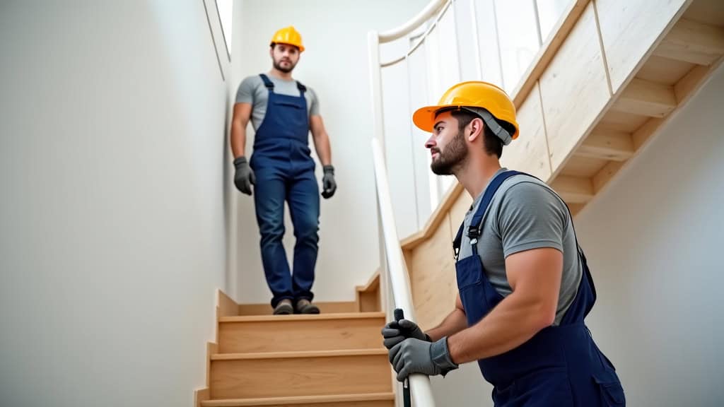 Technicien en train d’installer un monte-escalier dans une maison à Saint-Pierre-de-Varengeville