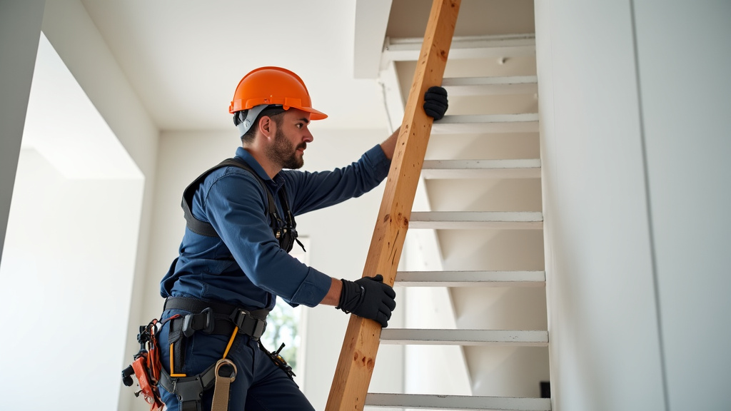 Technicien en train d’installer un monte-escalier dans une maison à Sars-Poteries, avec outils et équipement de sécurité