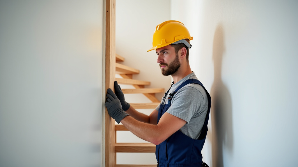 Technicien en train d’installer un monte-escalier dans une maison à Sierville