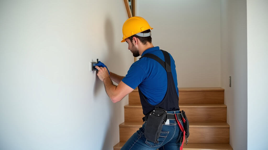 Technicien en train d’installer un monte-escalier dans une maison à Thuré