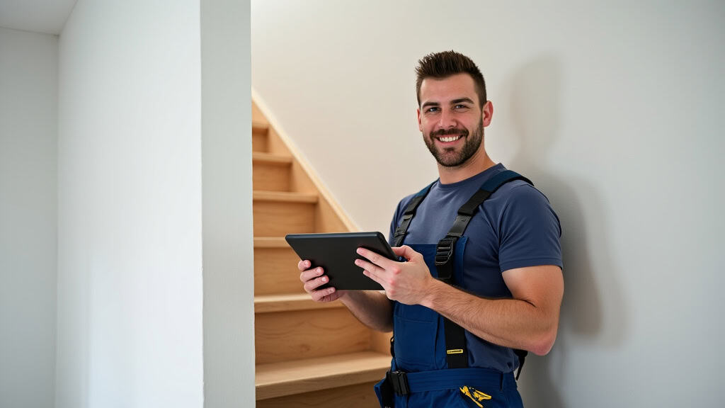 Technicien en train d’installer un monte-escalier dans une maison à Villetaneuse