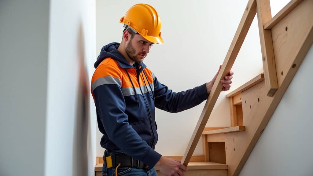 Technicien en train d’installer un monte-escalier dans une maison à Virelade