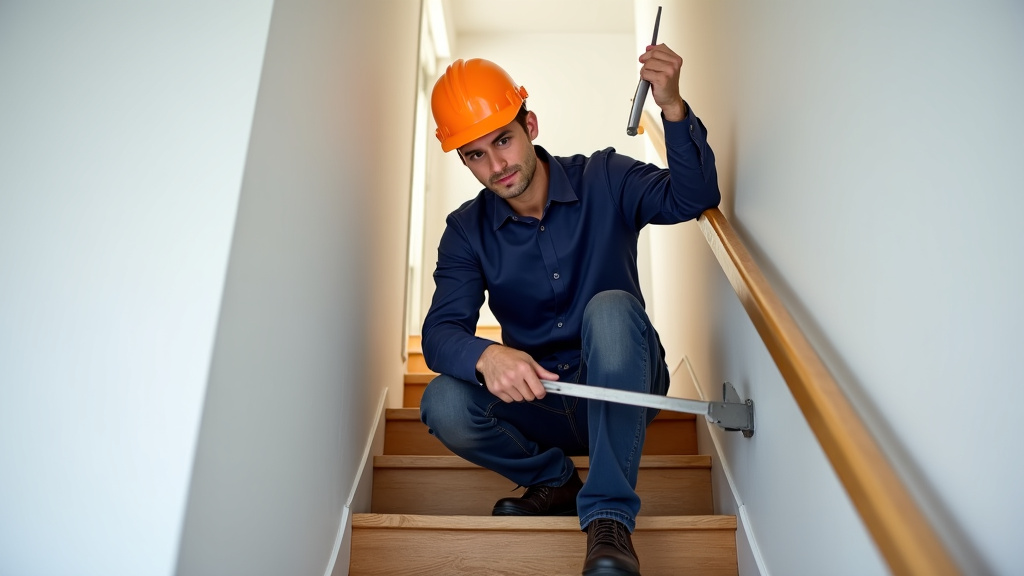 Technicien en train d’installer un monte-escalier dans une maison à Wattignies
