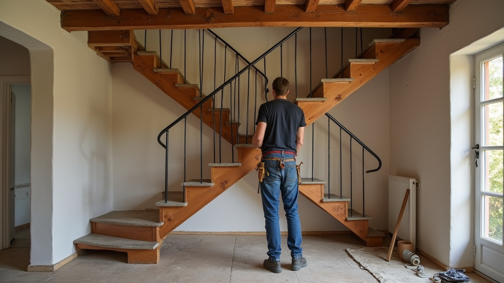 Technicien en train d’installer un monte-escalier dans une maison ancienne à Avèze