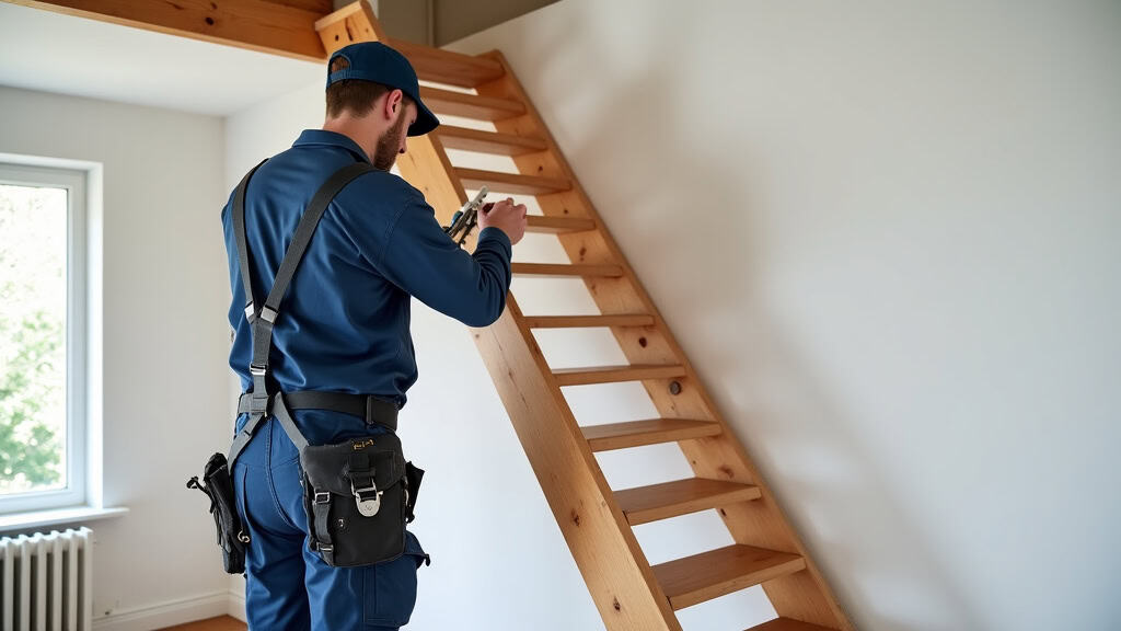 Technicien en train d’installer un monte-escalier dans une maison d’Angervilliers