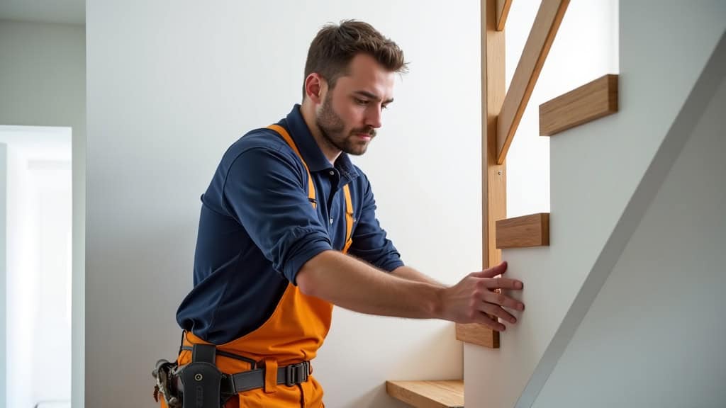 Technicien en train d’installer un monte-escalier dans une maison d’Avanton