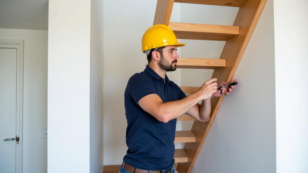 Technicien en train d’installer un monte-escalier dans une maison de Beaussais-sur-Mer