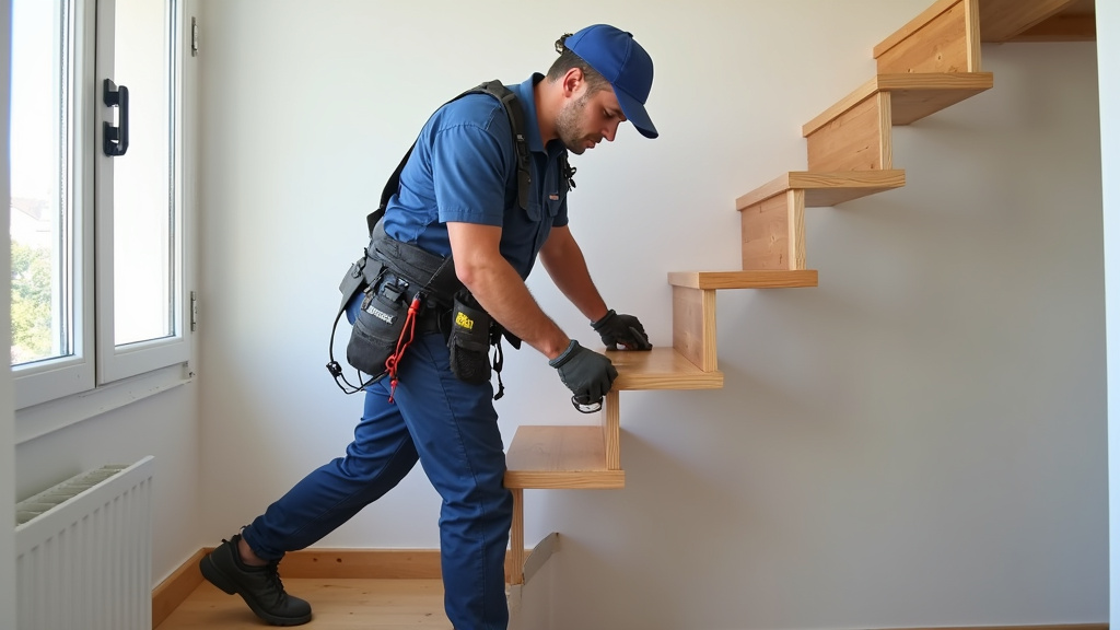 Technicien en train d’installer un monte-escalier dans une maison de Cormoranche-sur-Saône