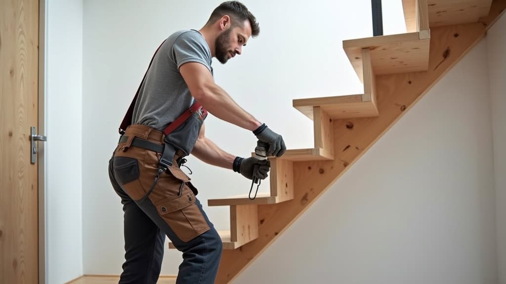 Technicien en train d’installer un monte-escalier dans une maison de Lucé, Eure-et-Loir