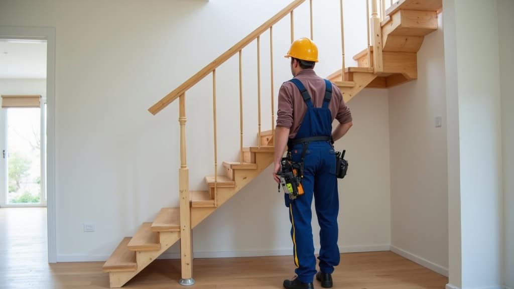 Technicien en train d’installer un monte-escalier dans une maison de Marmagne, Cher