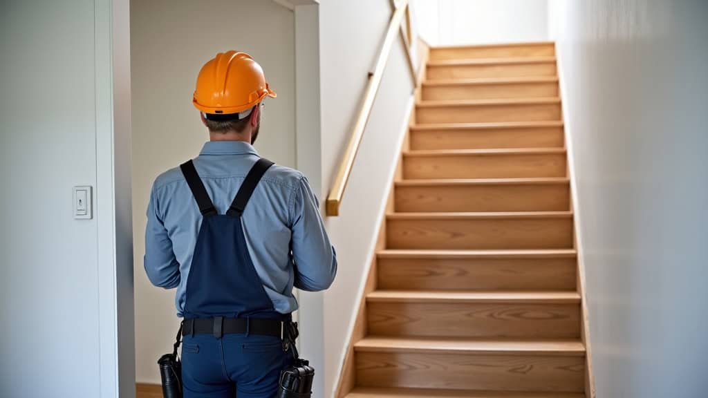 Technicien en train d’installer un monte-escalier dans une maison des Ardennes