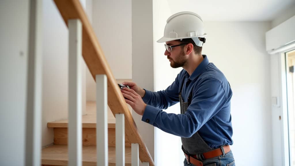 Technicien en train d’installer un monte-escalier dans une maison d’Irvillac, avec matériel de fixation et rail en place