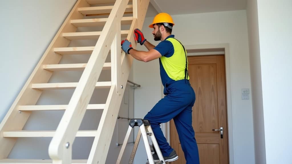 Technicien en train d’installer un monte-escalier dans une maison d’Oberschaeffolsheim