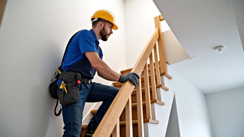 Technicien en train d’installer un monte-escalier dans une maison du Finistère, vérification du rail et du siège