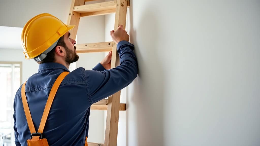 Technicien en train d’installer un monte-escalier dans une maison du Morbihan, vêtu d’une tenue de travail, en train de fixer un rail