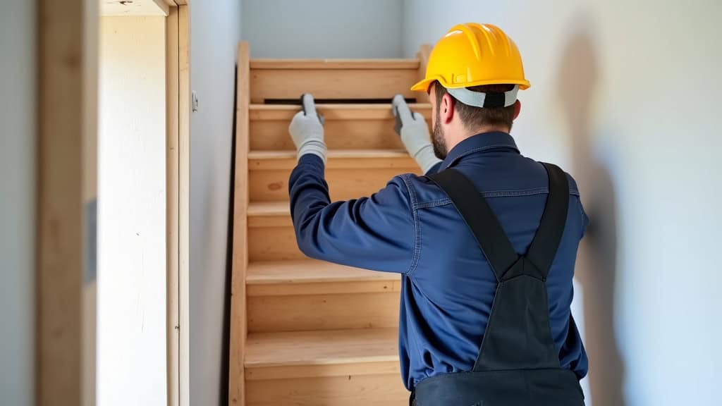 Technicien en train d’installer un monte-escalier dans une maison en Corrèze